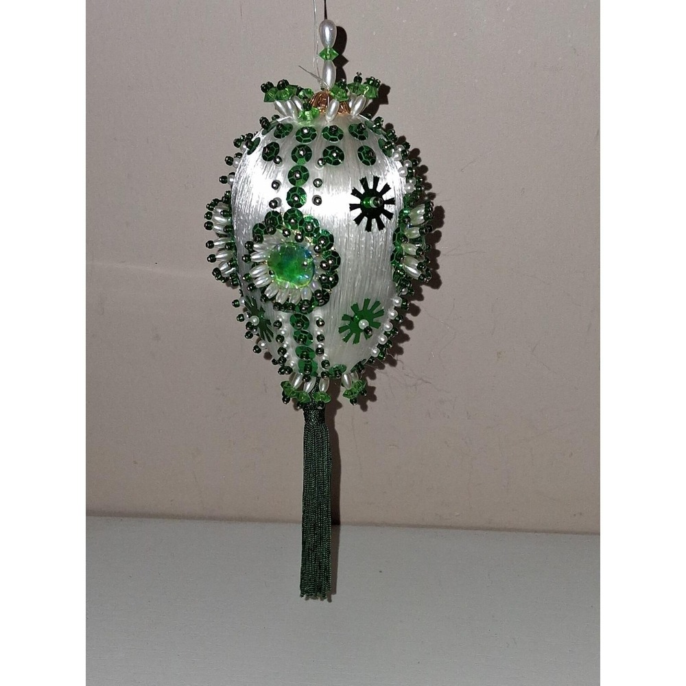 Vintage handmade beaded satin Christmas ornament featuring green sequins